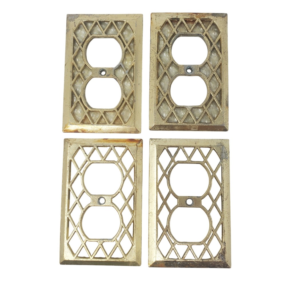 Vtg Gold Diamond Grid Outlet Covers Set of 4 Hollywood Regency Metal Wall Plates